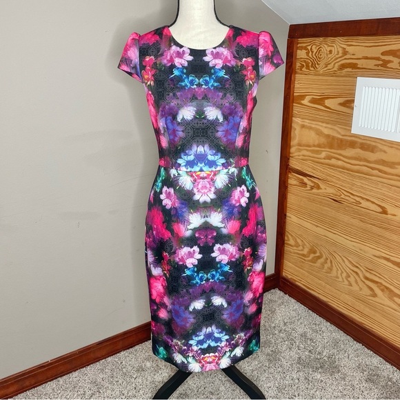 Betsey Johnson Floral Cap Sleeve Midi Pencil Dress Multicolor 6 Colorful Office - Picture 1 of 9